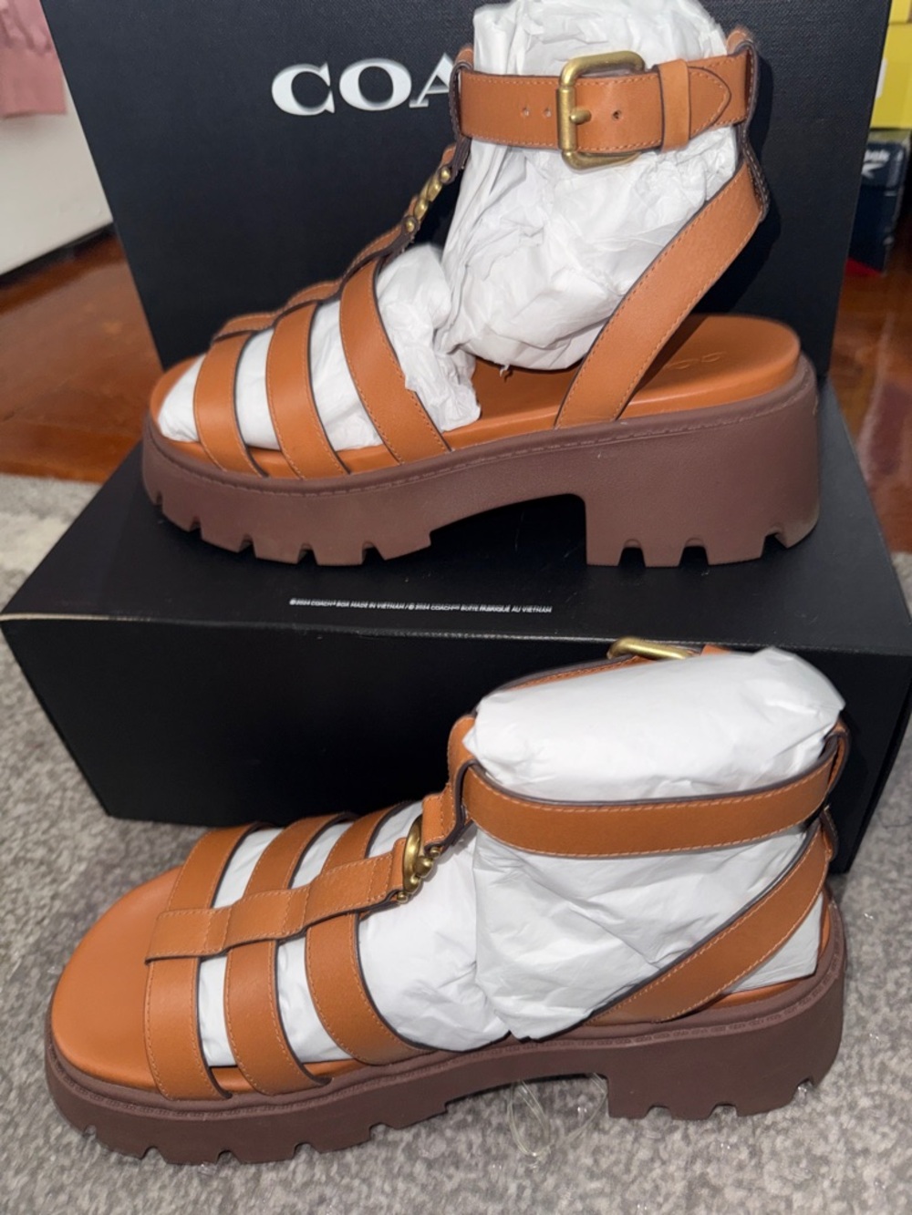 Coach Brown Leather Platform Gladiator Sandals with Gold-Tone Hardware - Picture 5 of 10